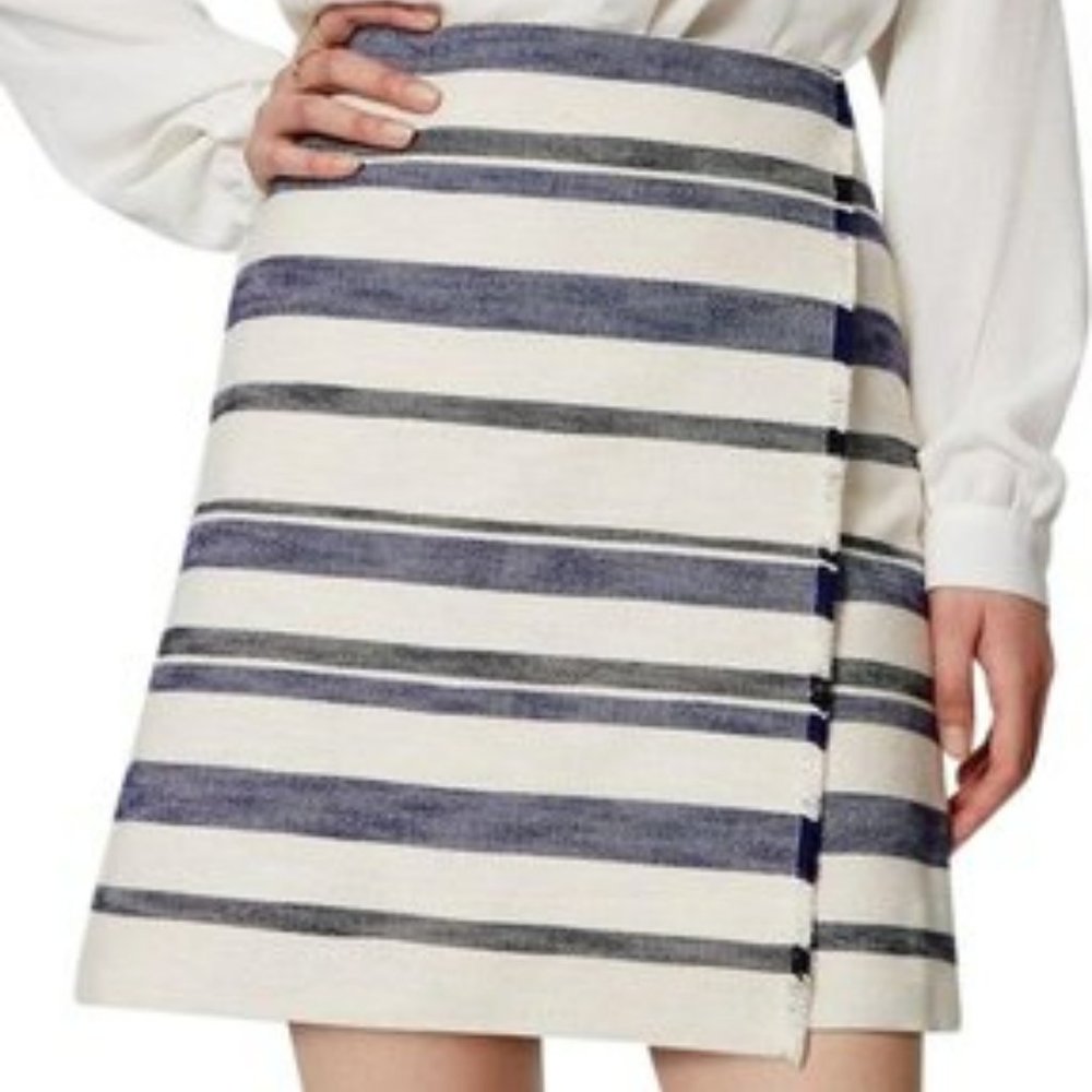 LOFT Striped Faux Wrap Skirt with Fringe Trim